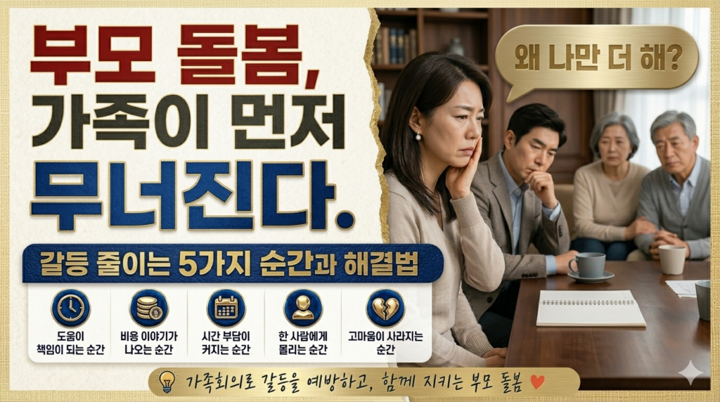 밝은 거실에서 중장년 부모와 성인 자녀들이 테이블에 둘러앉아 서류를 보며 부모 돌봄과 가족갈등 해결을 위한 가족회의를 진행하는 모습의 썸네일 이미지.