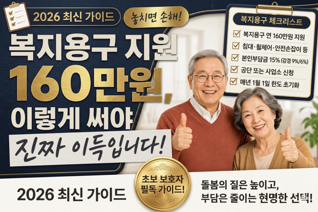 장기요양등급을 받은 가족이 복지용구 지원 신청 절차를 확인하는 인포그래픽 썸네일