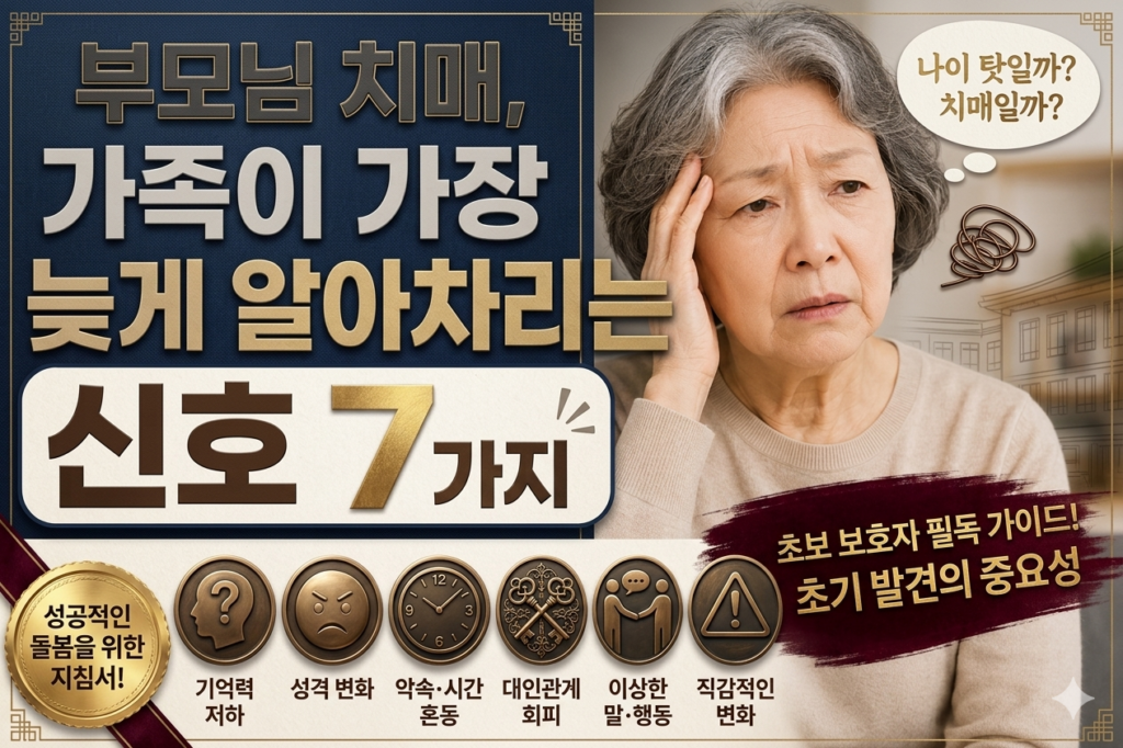 치매 초기 신호 7가지를 설명하는 썸네일 이미지. 걱정스러운 표정의 노년 여성과 함께 “부모님 치매, 가족이 가장 늦게 알아차리는 신호 7가지”라는 큰 제목이 배치되어 있으며, 기억력 저하·성격 변화·시간 혼동·물건 분실·대인관계 회피 등 치매 초기 행동 변화를 아이콘으로 표현한 디자인