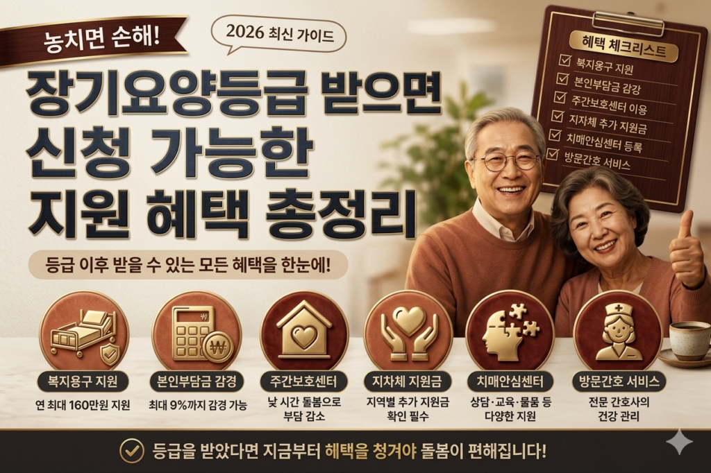 장기요양등급을 받은 후 신청 가능한 지원 혜택을 안내하는 블로그 썸네일. 웃는 노부부와 혜택 체크리스트(복지용구, 본인부담금 감경, 주간보호센터, 지자체 지원금, 치매안심센터, 방문간호)가 함께 표현된 인포그래픽 이미지