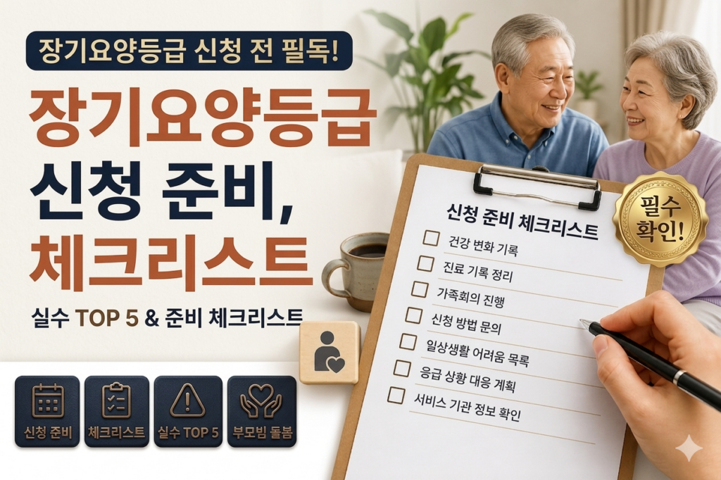 장기요양등급 신청 준비를 안내하는 깔끔한 인포그래픽 스타일 썸네일. 체크리스트 문서와 체크박스 아이콘, 일정 캘린더와 가족 상담을 상징하는 일러스트가 배치되어 있으며 ‘신청 전 꼭 준비하세요’ 메시지를 강조한 디자인.