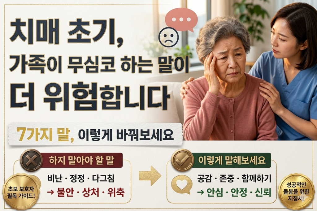 치매 초기 환자에게 보호자가 사용하는 말의 중요성을 설명하는 블로그 썸네일. 걱정스러운 표정의 노년 여성과 보호자가 함께 있는 이미지와 함께 “치매 초기, 가족이 무심코 하는 말이 더 위험합니다”라는 큰 제목이 배치되어 있다. 하단에는 ‘하지 말아야 할 말’과 ‘이렇게 말해보세요’가 비교 형식으로 정리된 디자인.