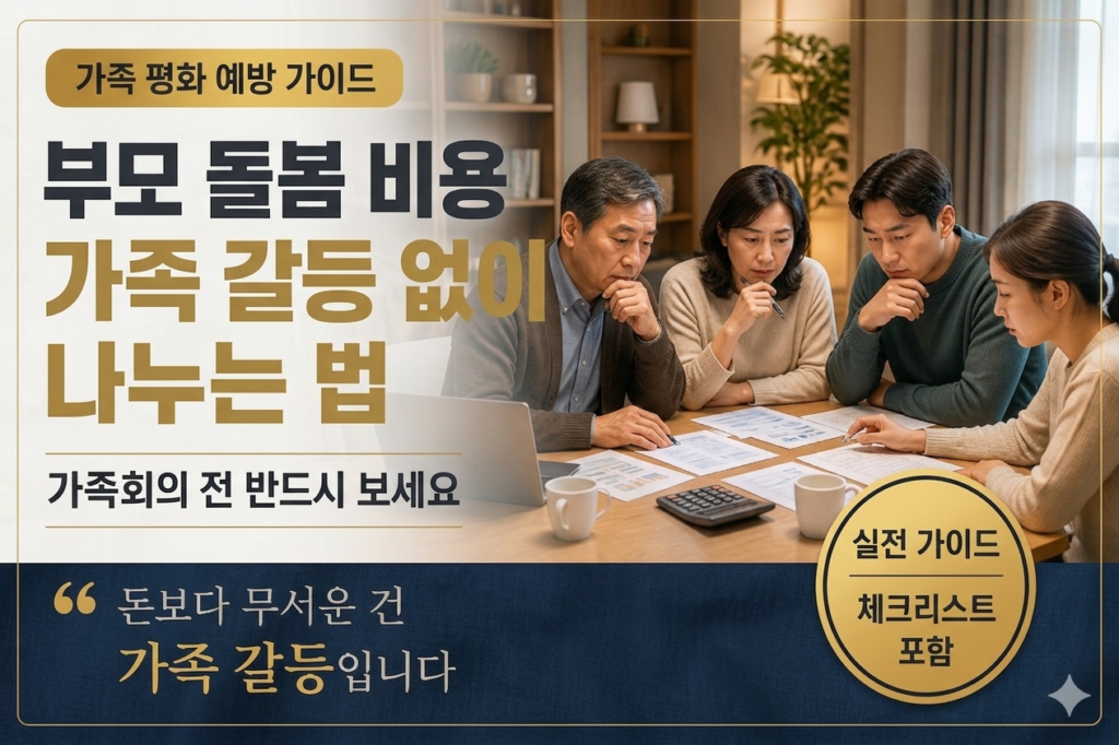 밝은 톤의 거실에서 가족 갈등 예방을 위해 성인 형제자매들이 부모 돌봄과 비용을 논의하며 진지하게 가족회의를 하는 장면