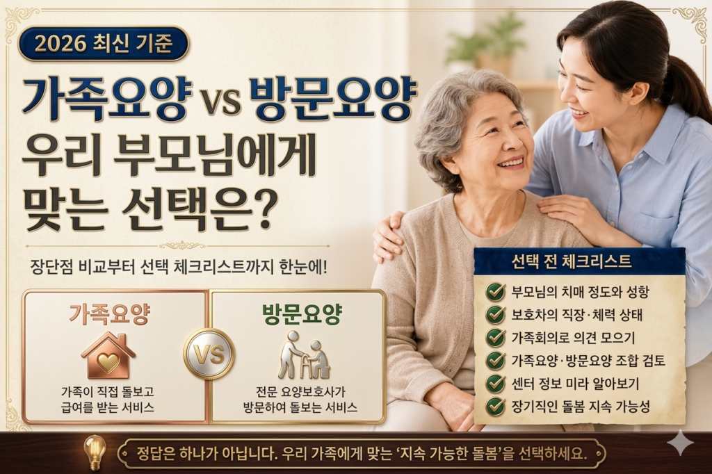 가족요양과 방문요양을 비교하는 블로그 썸네일 이미지. 왼쪽에는 "가족요양 VS 방문요양, 우리 부모님에게 맞는 선택은?"이라는 제목이 크게 배치되어 있고, 오른쪽에는 미소를 짓는 노년 여성과 요양보호사가 함께 있는 모습이 담겨 있다. 하단에는 가족요양과 방문요양의 차이점이 비교되어 있으며, 선택 전 체크리스트가 정리된 전문적인 인포그래픽 디자인이다.
