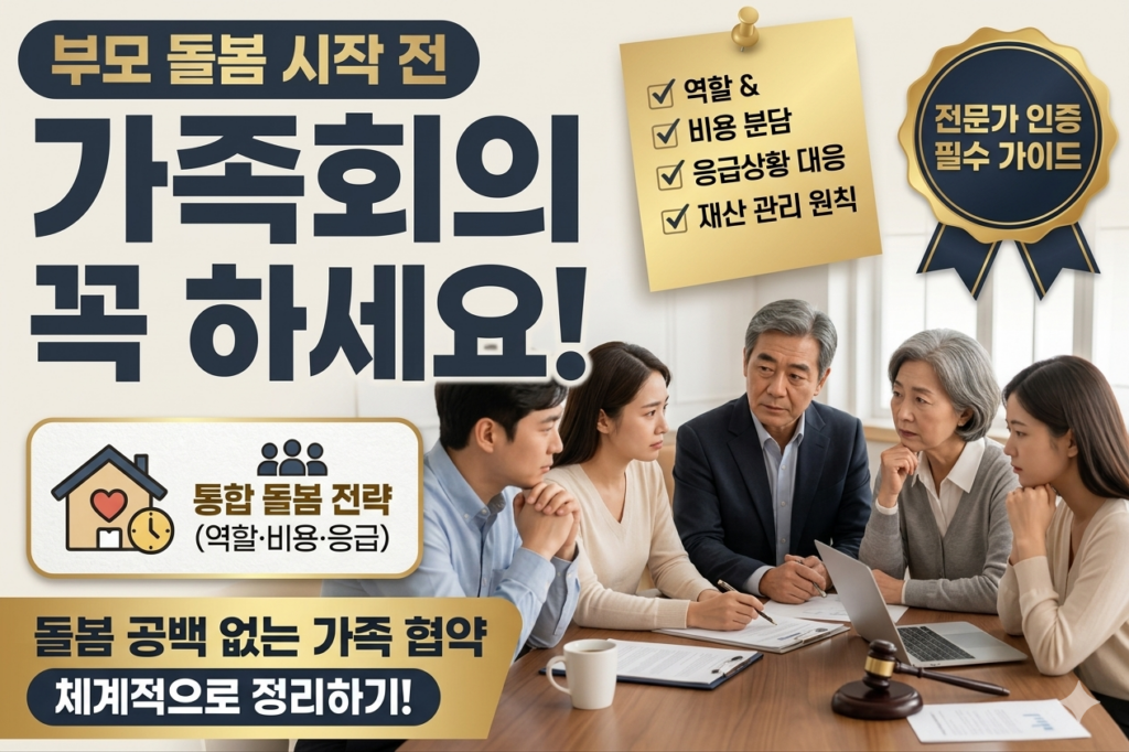 밝은 거실에서 가족들이 테이블에 둘러앉아 부모 돌봄 계획을 상의하는 모습과 함께 “부모 돌봄 시작 전 가족회의 꼭 하세요”라는 문구가 들어간 블로그 썸네일 이미지.