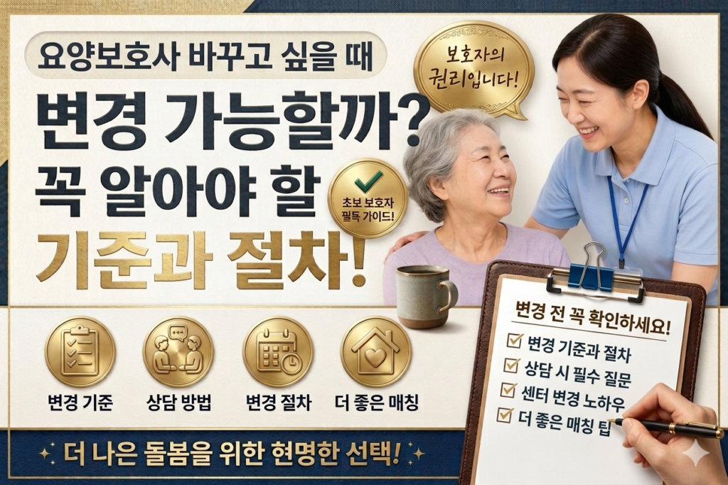 요양보호사 변경 가능 여부와 절차를 안내하는 썸네일. 요양보호사와 어르신이 웃으며 대화하는 모습과 함께 “요양보호사 바꾸고 싶을 때, 변경 가능한가? 꼭 알아야 할 기준과 절차” 문구가 강조된 이미지