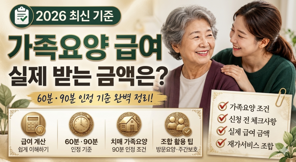 가족요양 급여 현실을 설명하는 블로그 썸네일 이미지. 미소 짓는 노년 여성과 보호자가 함께 있는 사진 위에 “가족요양 급여 실제 받는 금액은 이 정도입니다”라는 큰 제목이 배치되어 있다. 2026 최신 정보, 60분·90분 인정 기준, 신청 체크, 재가서비스 활용 등의 아이콘이 하단에 정리된 고급스러운 디자인