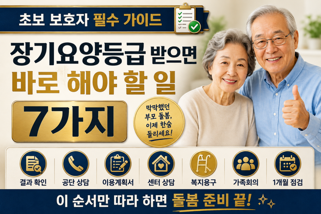 장기요양등급을 받은 후 해야 할 7가지 절차를 안내하는 인포그래픽. 노부부가 함께 서 있고 ‘결과 확인, 공단 상담, 이용계획서, 센터 상담, 복지용구, 가족회의, 1개월 점검’ 단계 아이콘이 정리된 가이드 이미지.