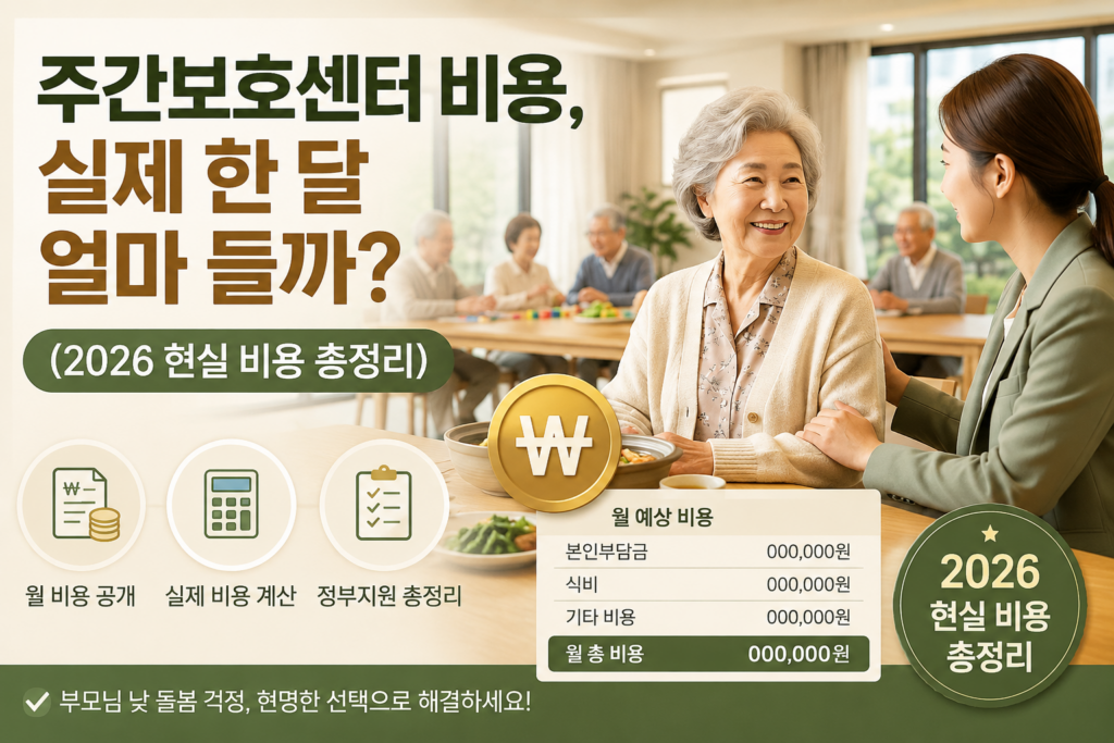 주간보호센터에서 웃으며 대화하는 어르신과 보호자의 모습. 배경에는 다른 어르신들이 프로그램 활동에 참여하고 있으며, ‘주간보호센터 비용, 실제 한 달 얼마 들까? (2026 현실 비용 총정리)’라는 제목과 비용 계산 관련 아이콘이 배치된 블로그 섬네일