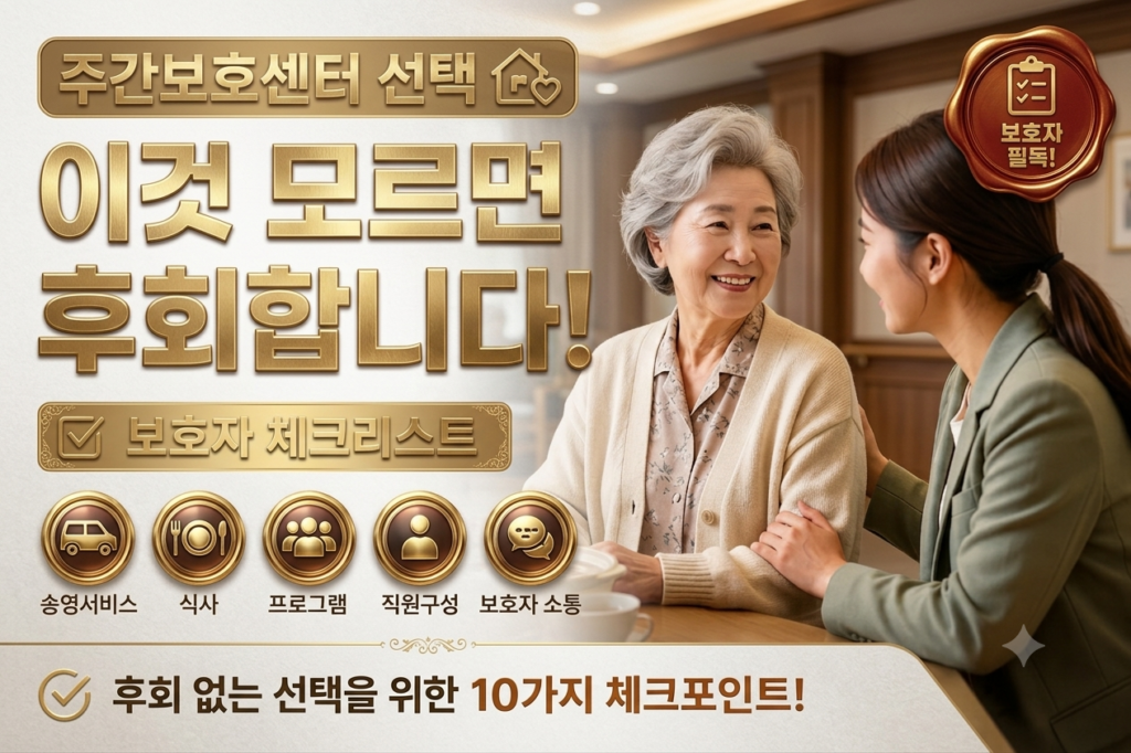주간보호센터 선택에 있어 상담사가 어르신과 따뜻하게 대화를 나누고 있는 모습. 밝고 깨끗한 시설 내부에서 다른 어르신들이 프로그램 활동에 참여하고 있으며, "주간보호센터 선택, 이것 모르면 후회합니다"라는 문구가 강조된 블로그 썸네일 이미지.