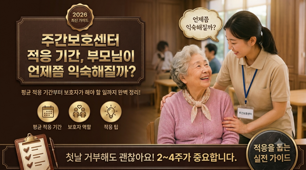 주간보호센터 적응 기간, 부모님이 언제쯤 익숙해질까? (2026)'라는 제목과 함께 적응 과정과 보호자 대처법을 안내하는 블로그 썸네일 이미지