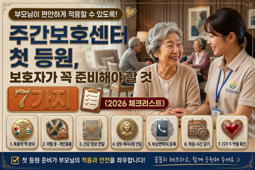주간보호센터에서 첫 등원을 앞둔 보호자가 요양보호사와 상담하고 있는 모습. 환하게 웃는 어르신과 밝고 쾌적한 시설 내부가 보이며, '주간보호센터 첫 등원, 보호자가 꼭 준비해야 할 것 7가지(2026 체크리스트)'라는 제목과 복용약, 여벌 옷, 건강정보, 비상연락처 등 첫 등원 준비 항목이 아이콘으로 정리된 블로그 썸네일 이미지.