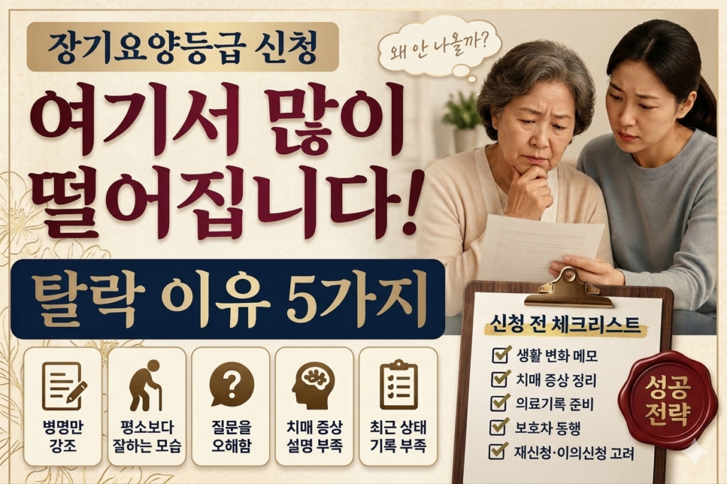 장기요양등급 신청 관련 블로그 썸네일 이미지. 걱정스러운 표정의 고령 여성과 보호자가 서류를 함께 확인하고 있으며, 왼쪽에는 "장기요양등급 신청, 여기서 많이 떨어집니다! 탈락 이유 5가지"라는 큰 제목이 배치되어 있다. 하단에는 병명만 강조, 평소보다 잘하는 모습, 질문 오해, 치매 증상 설명 부족, 최근 상태 기록 부족 등의 주요 탈락 사유가 아이콘과 함께 정리되어 있으며, 신청 전 체크리스트가 포함된 전문적인 정보형 디자인이다