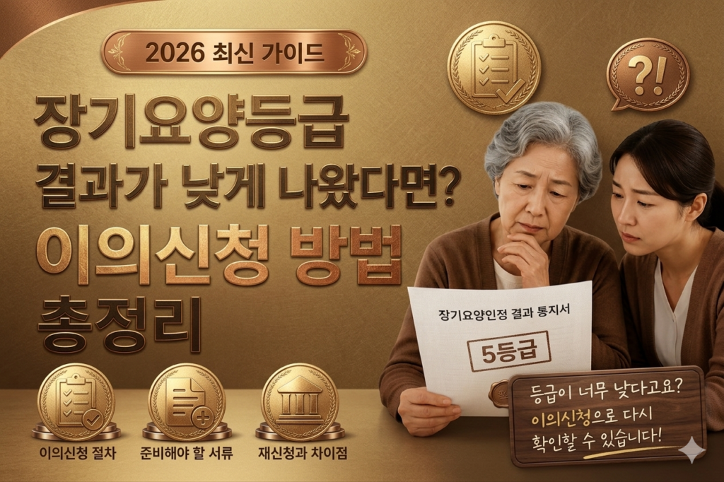 장기요양등급 결과가 예상보다 낮게 나온 보호자를 위한 블로그 썸네일 이미지. 베이지 톤 배경 위에 '장기요양등급 결과가 낮게 나왔다면? 이의신청 방법 총정리'라는 문구가 크게 배치되어 있으며, 고령의 어머니와 딸이 장기요양 인정 결과 통지서를 함께 확인하는 모습이 담겨 있다. 이의신청 절차, 준비 서류, 재신청과의 차이점을 상징하는 아이콘이 함께 표현되어 있다