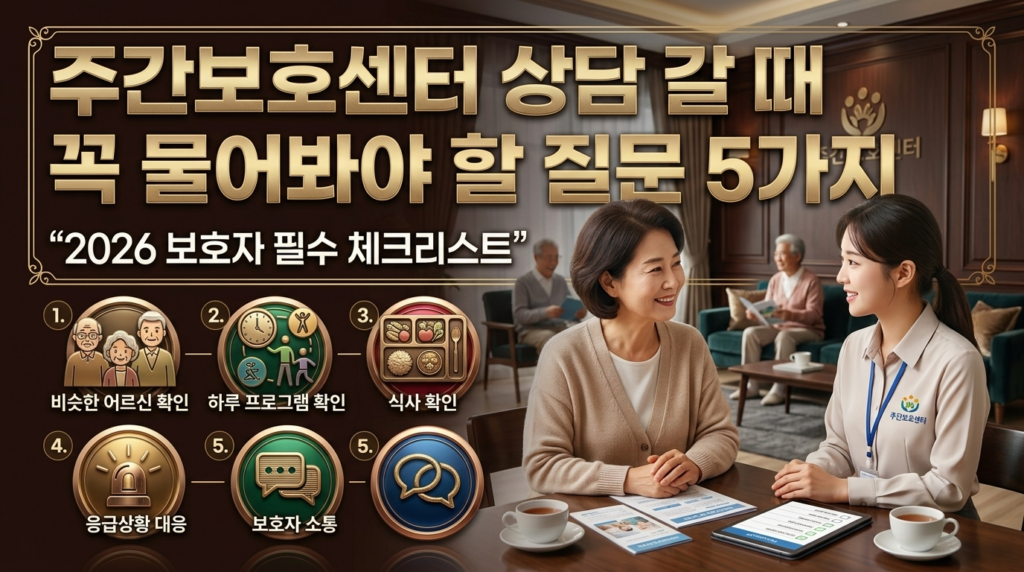 주간보호센터에서 보호자가 상담사와 상담을 진행하는 모습. 밝고 쾌적한 시설에서 어르신들이 휴식을 취하고 있으며, '주간보호센터 상담 갈 때 꼭 물어봐야 할 질문 5가지(2026 보호자 실전 체크리스트)'라는 제목과 상담 시 확인해야 할 핵심 질문이 함께 배치된 블로그 썸네일 이미지