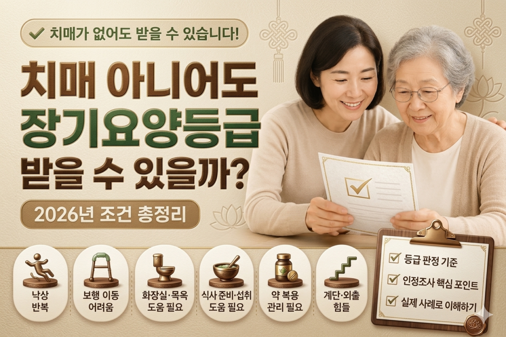 치매 진단이 없어도 장기요양등급을 받을 수 있는 조건을 설명하는 블로그 썸네일. 체크리스트를 확인하는 중년 보호자와 지팡이를 사용하는 노인이 함께 등장하며, 베이지 톤 배경 위에 '치매 아니어도 장기요양등급 가능합니다'라는 문구가 강조되어 있다.