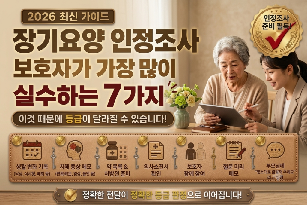 장기요양 인정조사에서 보호자가 가장 많이 실수하는 7가지를 소개하는 2026 블로그 썸네일. 보호자가 어르신과 함께 인정조사를 준비하는 모습과 체크리스트를 통해 등급 준비 시 주의해야 할 사항을 안내하는 이미지.