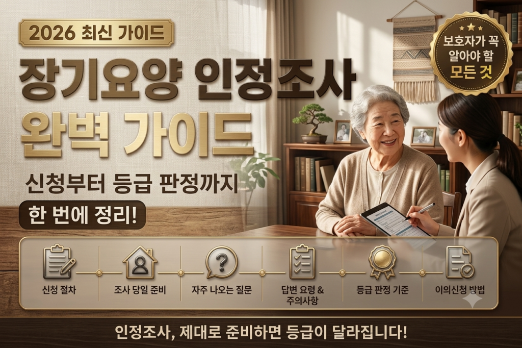 장기요양 인정조사 완벽 가이드(2026) 블로그 썸네일. 신청 절차부터 조사 당일 준비, 자주 나오는 질문, 답변 요령, 등급 판정, 이의신청 방법까지 보호자가 꼭 알아야 할 내용을 한눈에 정리한 이미지