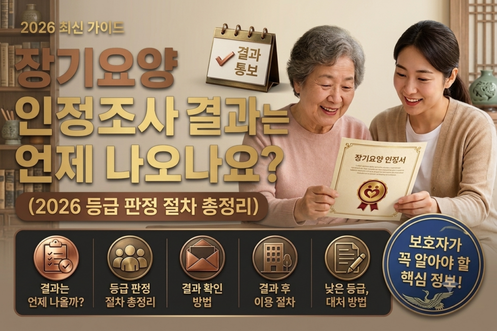 장기요양 인정조사 결과가 언제 나오는지와 등급 판정 절차를 안내하는 2026 블로그 썸네일. 보호자가 어르신과 함께 장기요양 인정서를 확인하는 모습과 결과 통보, 등급 판정, 결과 확인 방법, 서비스 이용 절차를 소개하는 이미지.