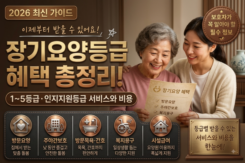 2026년 장기요양등급 혜택 총정리 썸네일로, 어르신과 보호자가 장기요양 혜택을 확인하고 있으며 방문요양, 주야간보호, 방문목욕·간호, 복지용구, 시설급여 등 등급별 이용 가능한 서비스를 안내하는 이미지