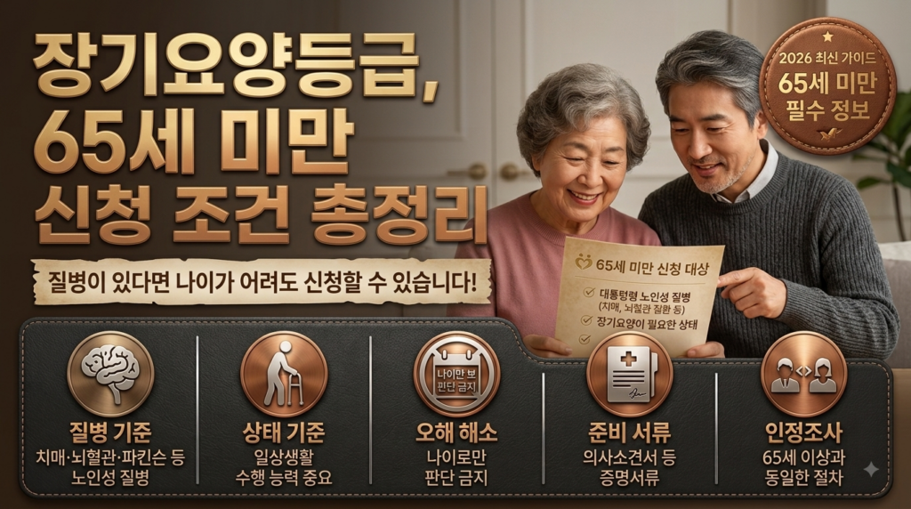 한 노인 여성과 중년 남성이 탁자에 앉아 다정하게 문서를 살펴보고 있다. 문서 상단에는 '65세 미만 신청 대상'이라는 한글 제목과 체크리스트가 적혀 있다. 이미지 왼쪽에는 금색 3D 한글로 "장기요양등급, 65세 미만 신청 조건 총정리"라는 메인 타이틀이 있고, 그 아래 갈색 띠지에 "질병이 있다면 나이가 어려도 신청할 수 있습니다!"라는 문구가 있다. 우측 상단에는 '2026 최신 가이드 65세 미만 필수 정보'라고 쓰인 금메달 형태의 엠블럼이 있다. 하단에는 금속 질감의 원형 아이콘과 한글 설명이 있는 5개의 섹션이 가죽 질감의 검은 바 위에 배치되어 있다. 각 아이콘은 왼쪽부터 '질병 기준 (뇌 아이콘)', '상태 기준 (보행 보조기 아이콘)', '오해 해소 (달력/금지 아이콘)', '준비 서류 (파일/의료 아이콘)', '인정조사 (두 사람 아이콘)'를 나타낸다.